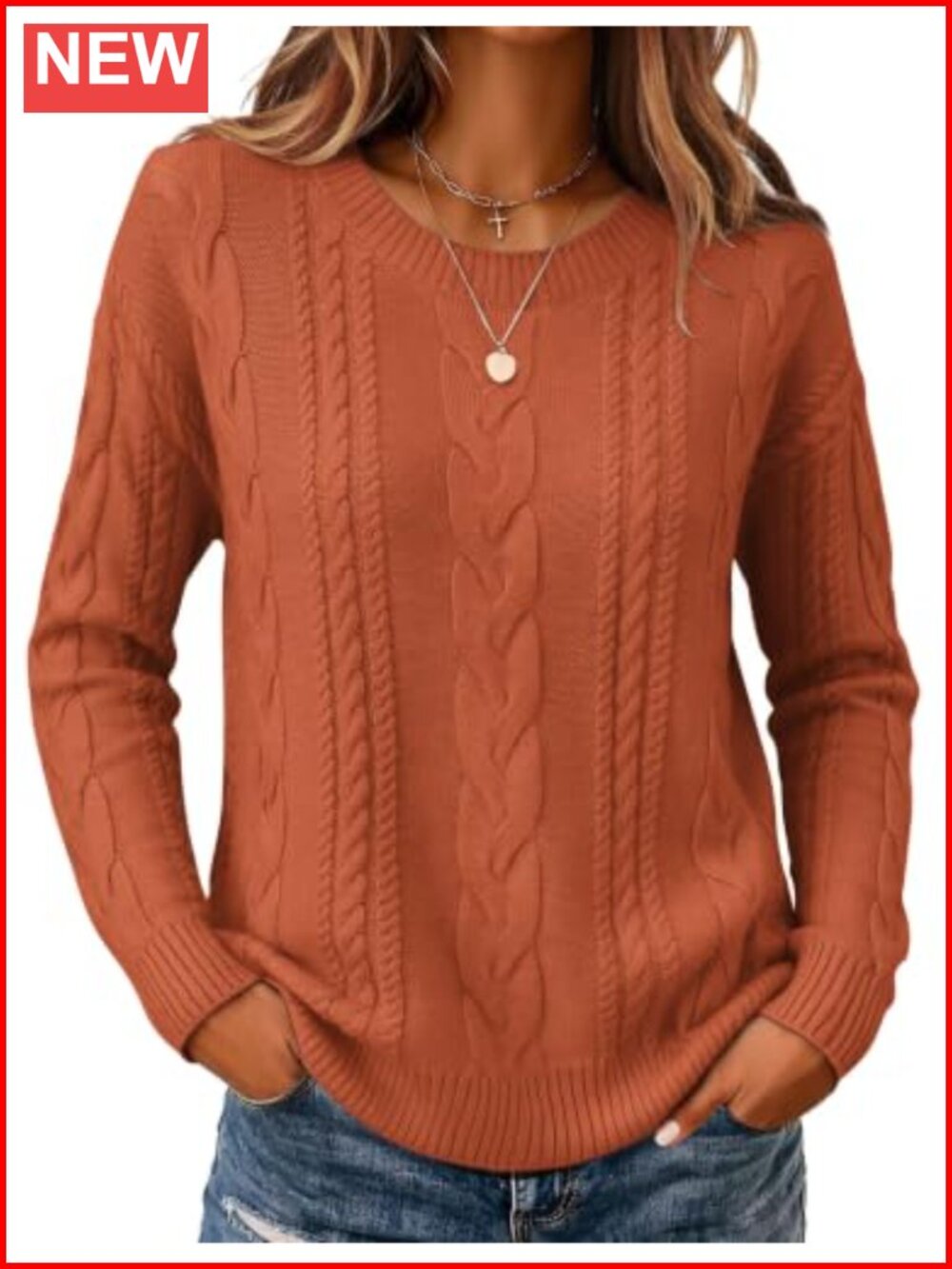 Cable Knit Chunky Sweater Loose Fit Crew Neck Pullover